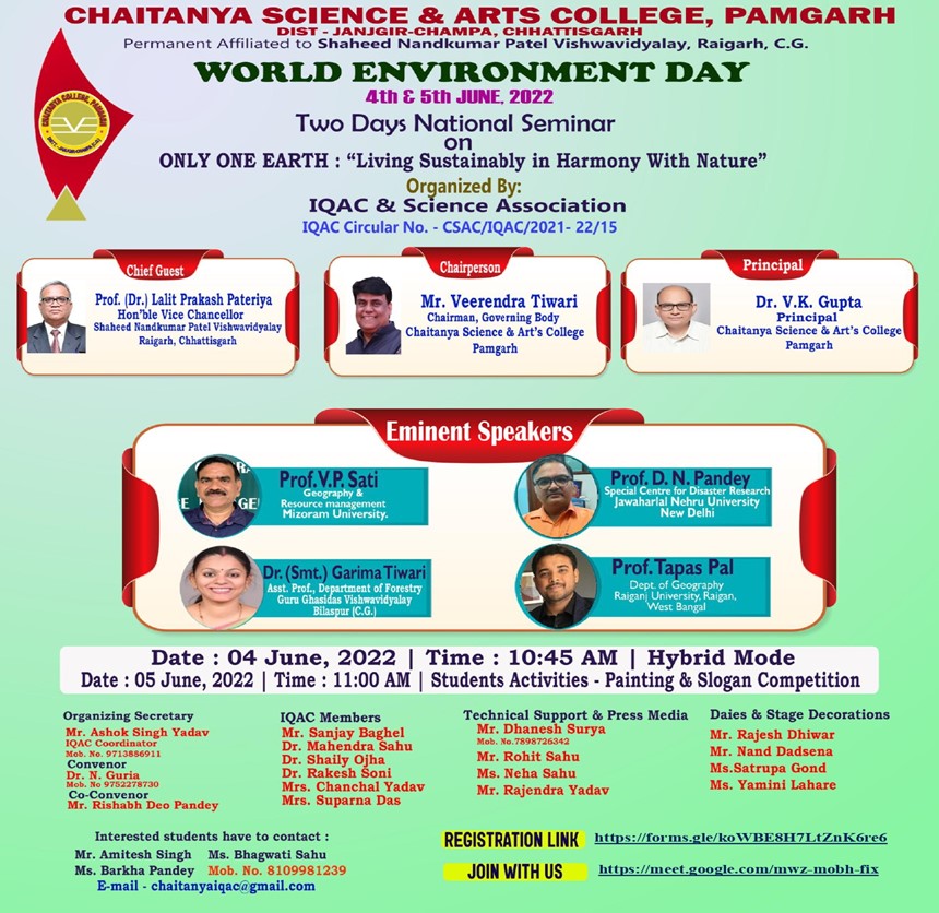 National Seminar on "ONLY ONE EARTH" with the focus on "Living Sustainably in Harmony with Nature."